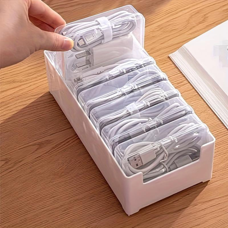 Desktop Charging Cable Management Box, 1 Set Including 7 Small Clear Boxes & 1 Large White Box, Desk Organizer for Home & Office, Stationary Organizer Holder