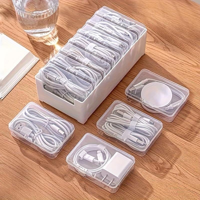 Desktop Charging Cable Management Box, 1 Set Including 7 Small Clear Boxes & 1 Large White Box, Desk Organizer for Home & Office, Stationary Organizer Holder