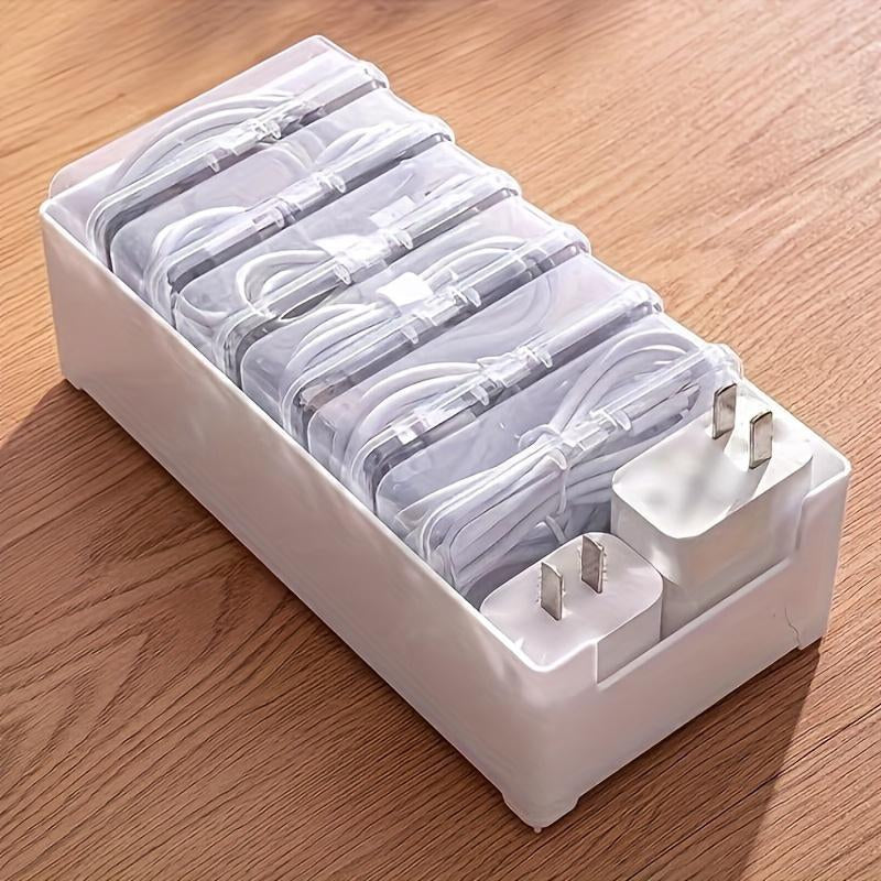 Desktop Charging Cable Management Box, 1 Set Including 7 Small Clear Boxes & 1 Large White Box, Desk Organizer for Home & Office, Stationary Organizer Holder